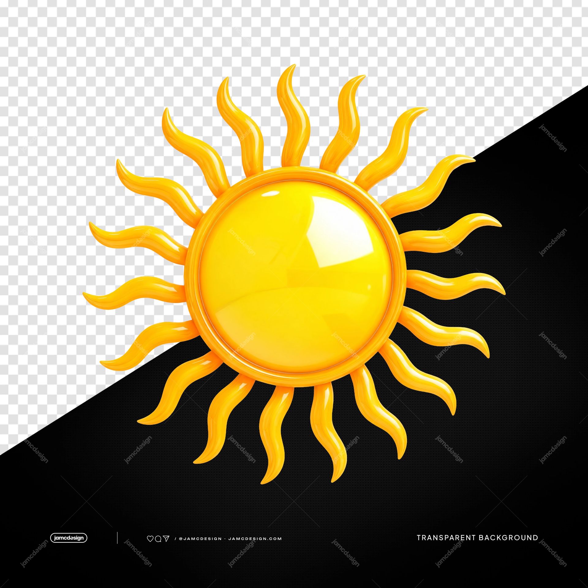 3D Decorative Sun Symbol PNG Transparent Background. Glossy 3D decorative sun symbol supplied as a PNG transparent object