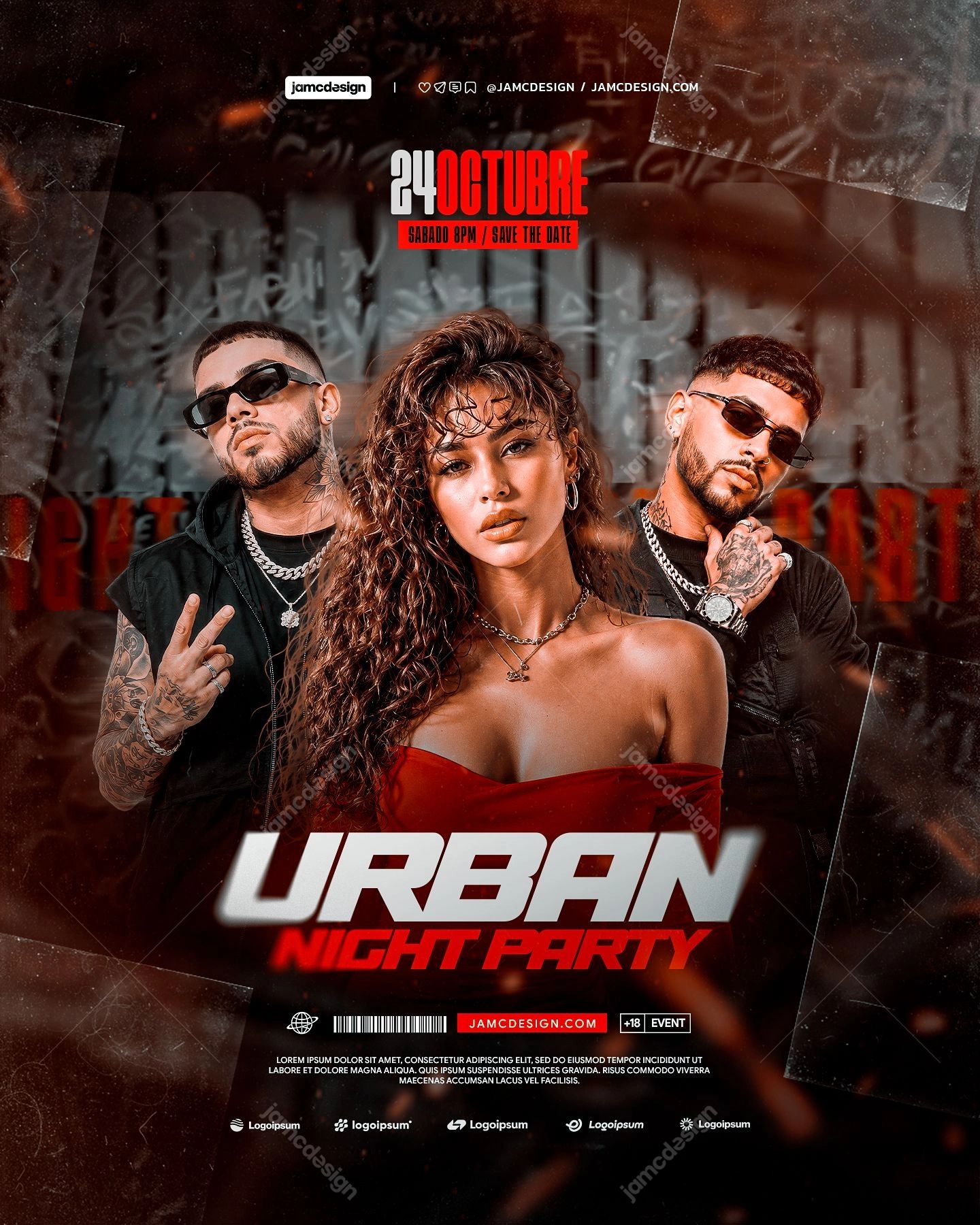 Bold Typography Urban Party Flyer Template PSD. Download this editable PSD event flyer template featuring a woman between two men