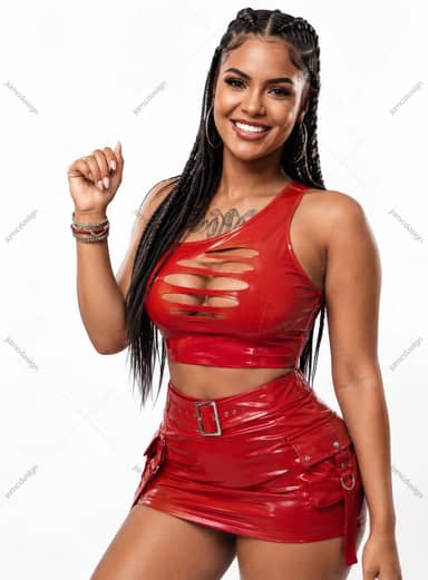 Woman In Glossy Red Cutout Outfit On White Background