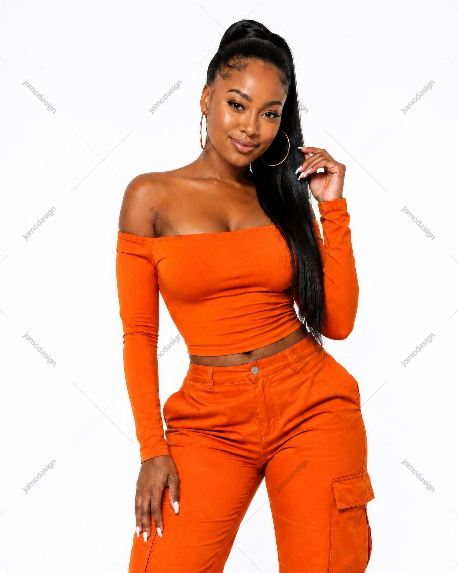 Woman In Orange Off Shoulder Top And Cargo Pants Photo. Studio photo of a woman in an orange off-shoulder long-sleeve crop top with matching cargo pants