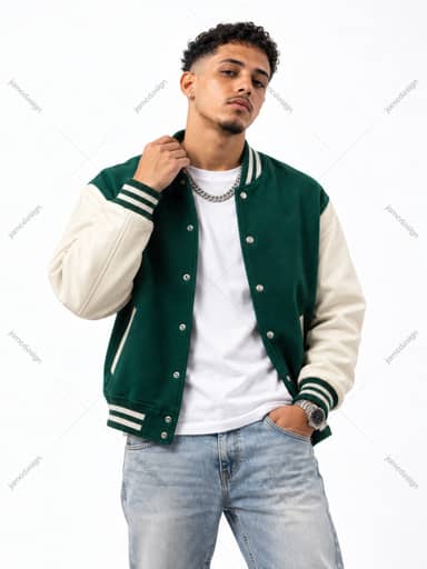 Young Man In Green Varsity Jacket On White Background PNG