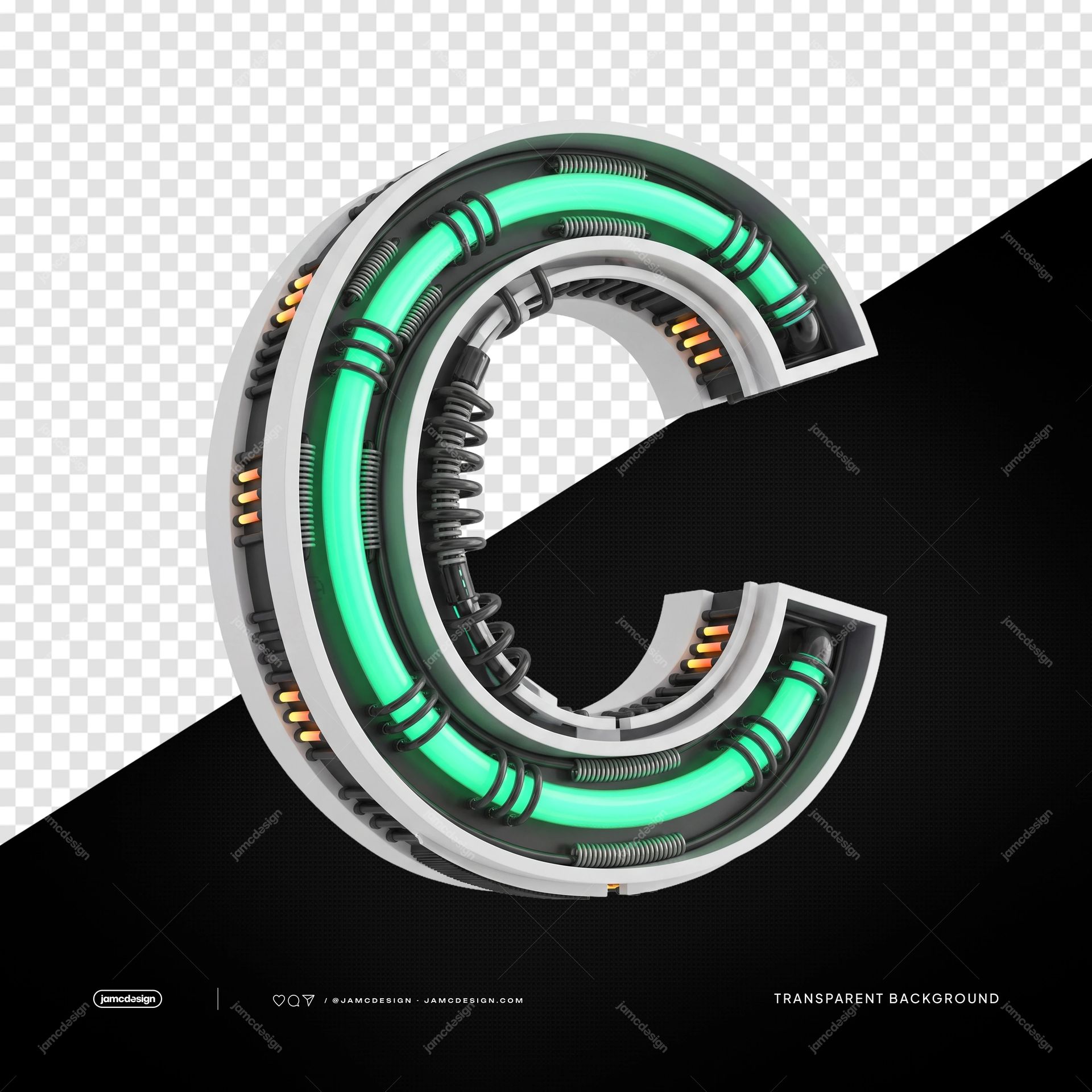 3D Futuristic Industrial Neon Letter C PNG Transparent Background. 3D industrial neon letter C supplied as a PNG on a transparent background