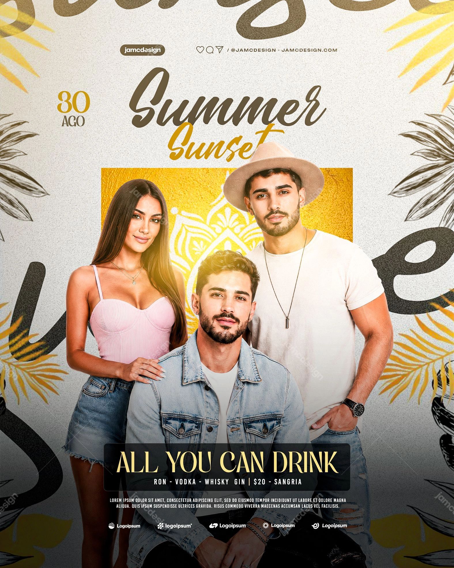 Summer Sunset Event Flyer Template PSD Editable. Editable PSD event flyer showing three styled people posed before a golden mandala motif