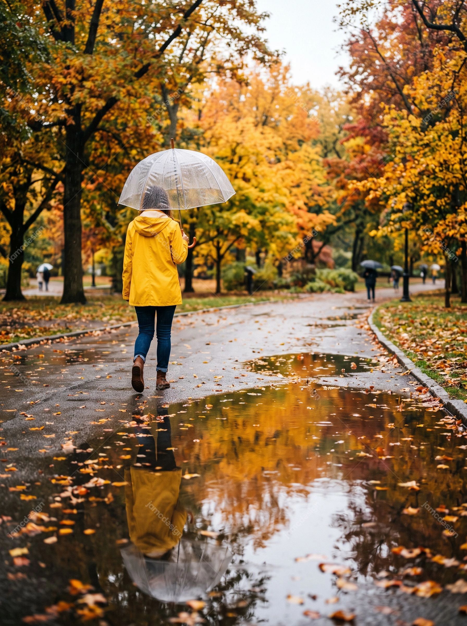 Femme Avec Parapluie Transparent Dans Un Parc Automnal. Téléchargez cette photo JPG d’une femme en imperméable jaune marchant avec un parapluie transparent