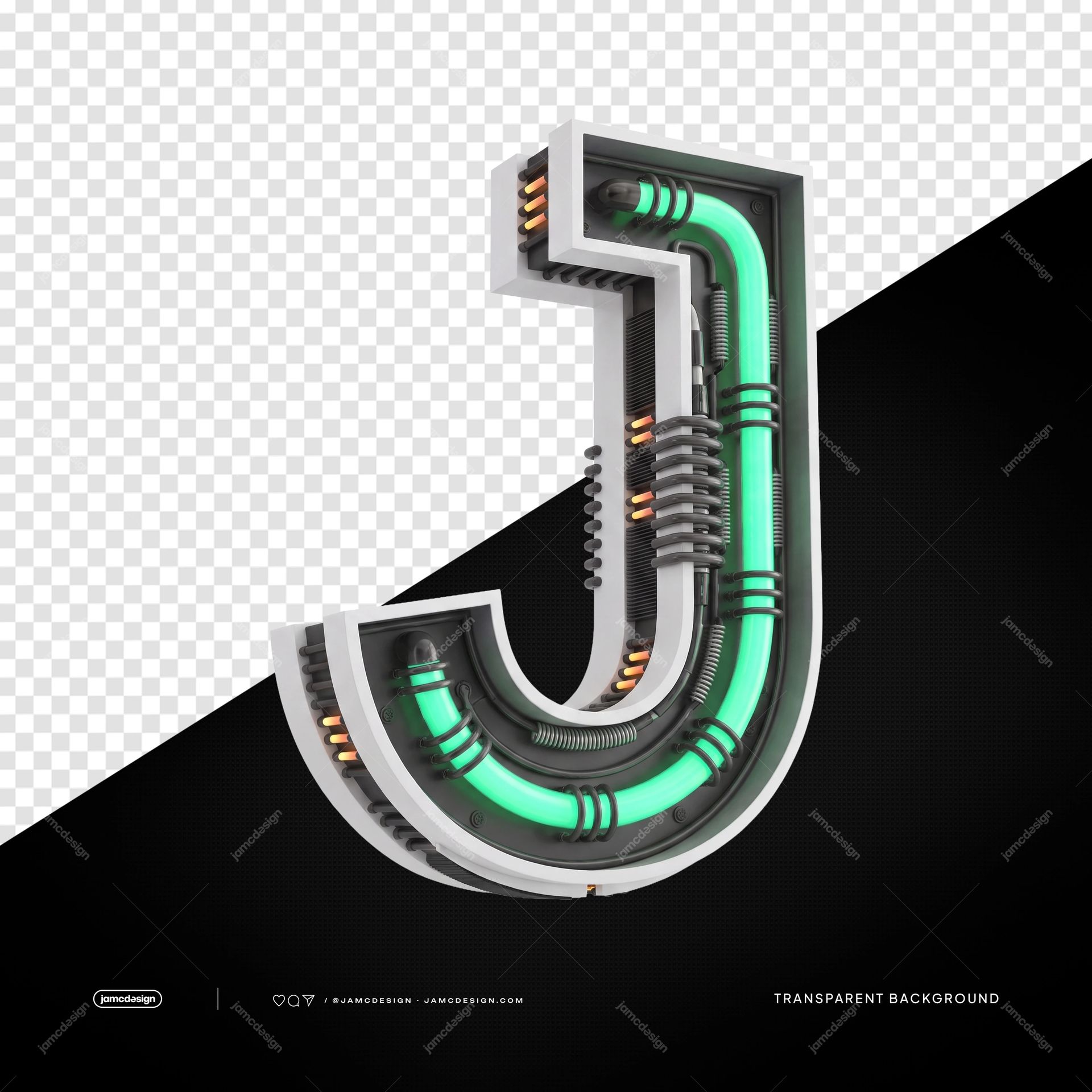 3D Futuristic Industrial Neon Letter J PNG Transparent Background. 3D metallic letter J supplied as a transparent PNG, with industrial mechanical details