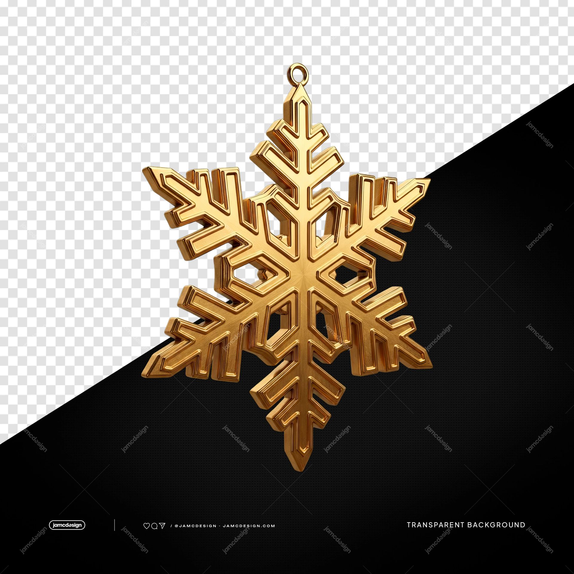 Gold Snowflake Christmas Ornament With Hanging Loop PNG. This PNG transparent object features a gold 3D snowflake ornament with beveled metallic edges