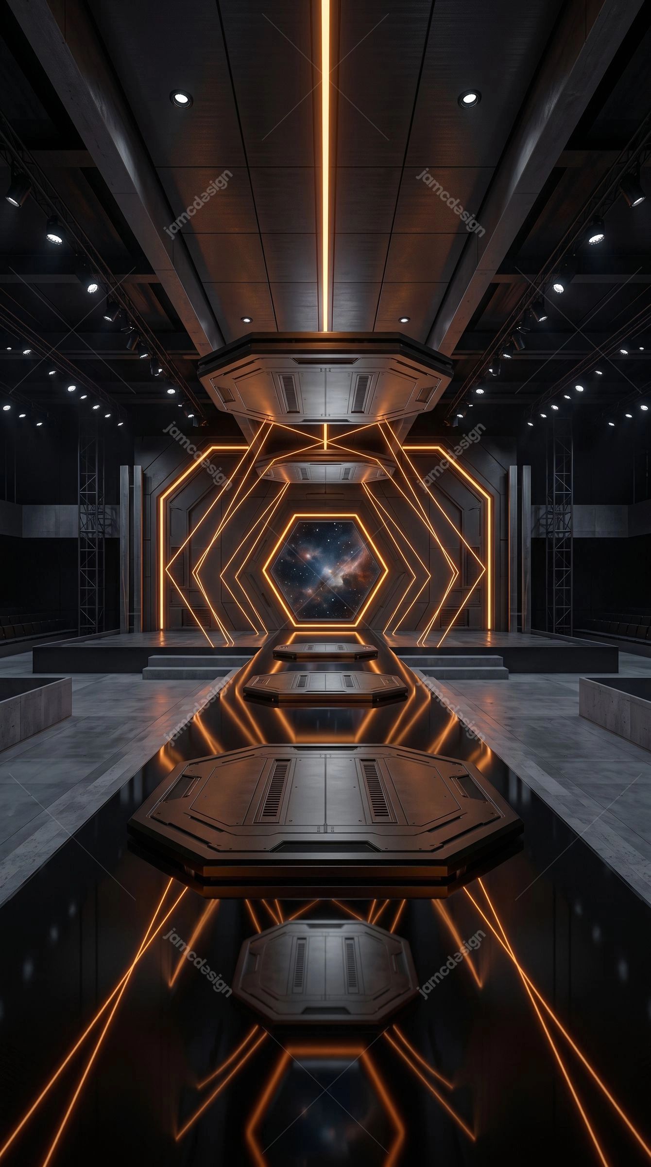 Futuristic Corridor Background With Cosmic Portal. Download this JPG background showing a futuristic sci fi corridor with glowing orange hexagonal lines