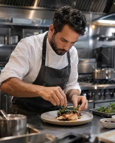 Chef Emplatando Plato Gourmet En Cocina Profesional