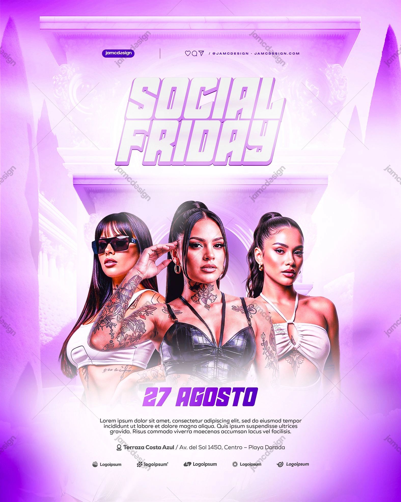 Plantilla De Flyer Evento Jueves Social PSD Editable. Plantilla de PSD editable para un flyer de evento de discoteca con un brillo púrpura y magenta