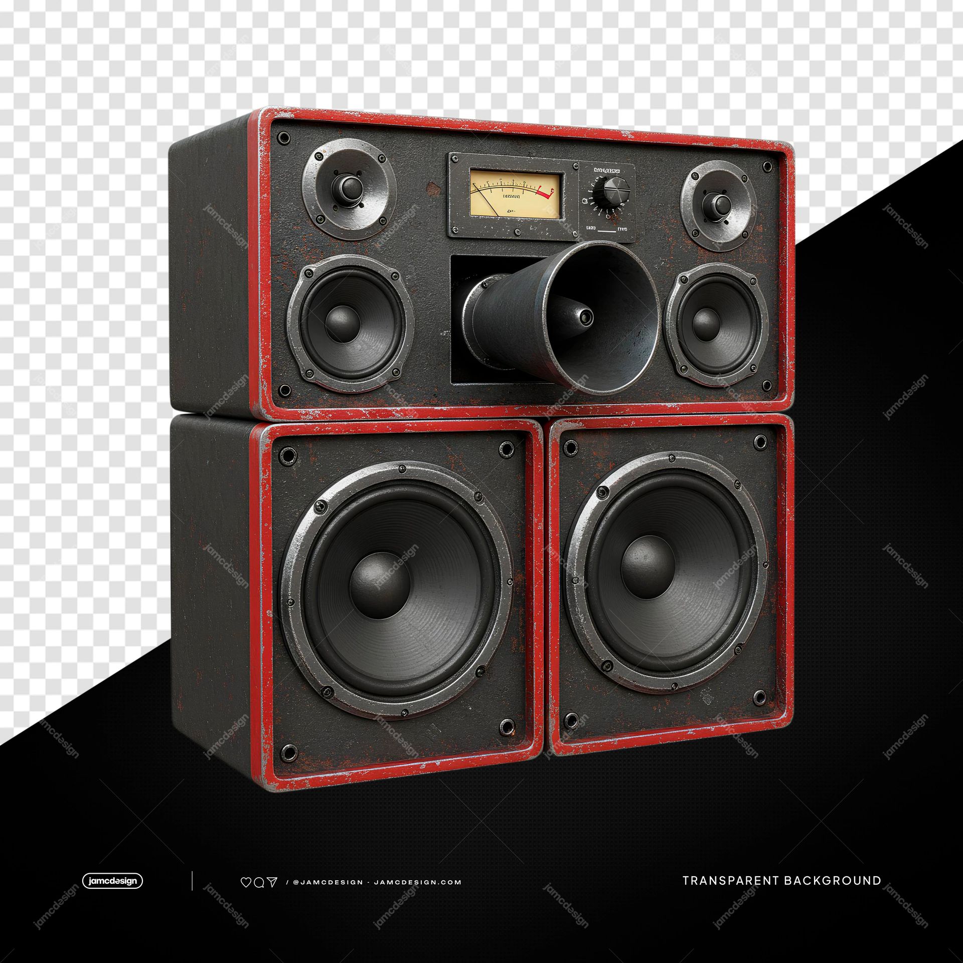 Black And Red Boombox Speaker Stack PNG Transparent. Black and red speaker stack supplied as a PNG transparent object, featuring large woofer cones
