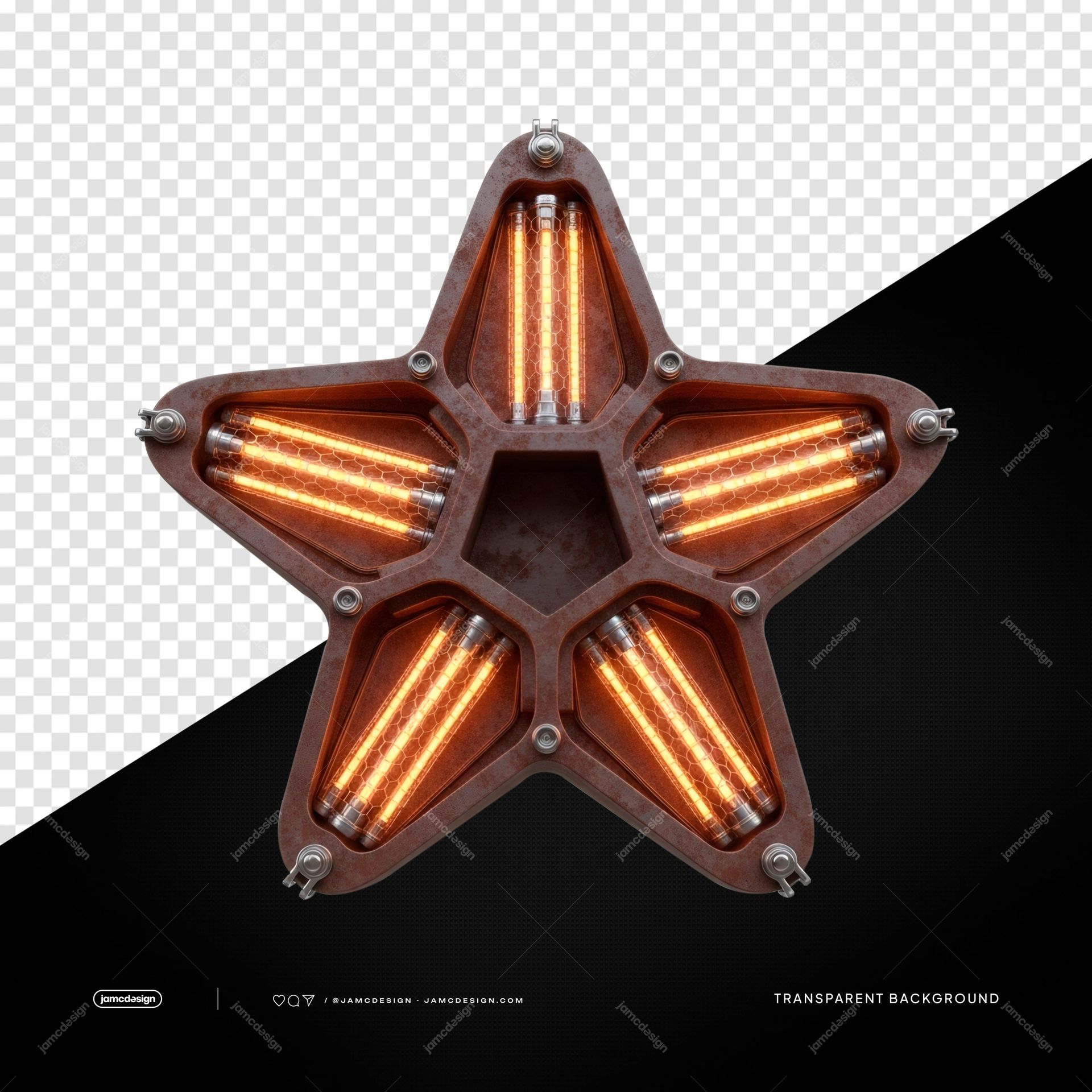 Five Point Orange LED Star Light Metallic Glow Lamp PNG Transparent. PNG transparent object showing a five point star lamp with a weathered metallic frame