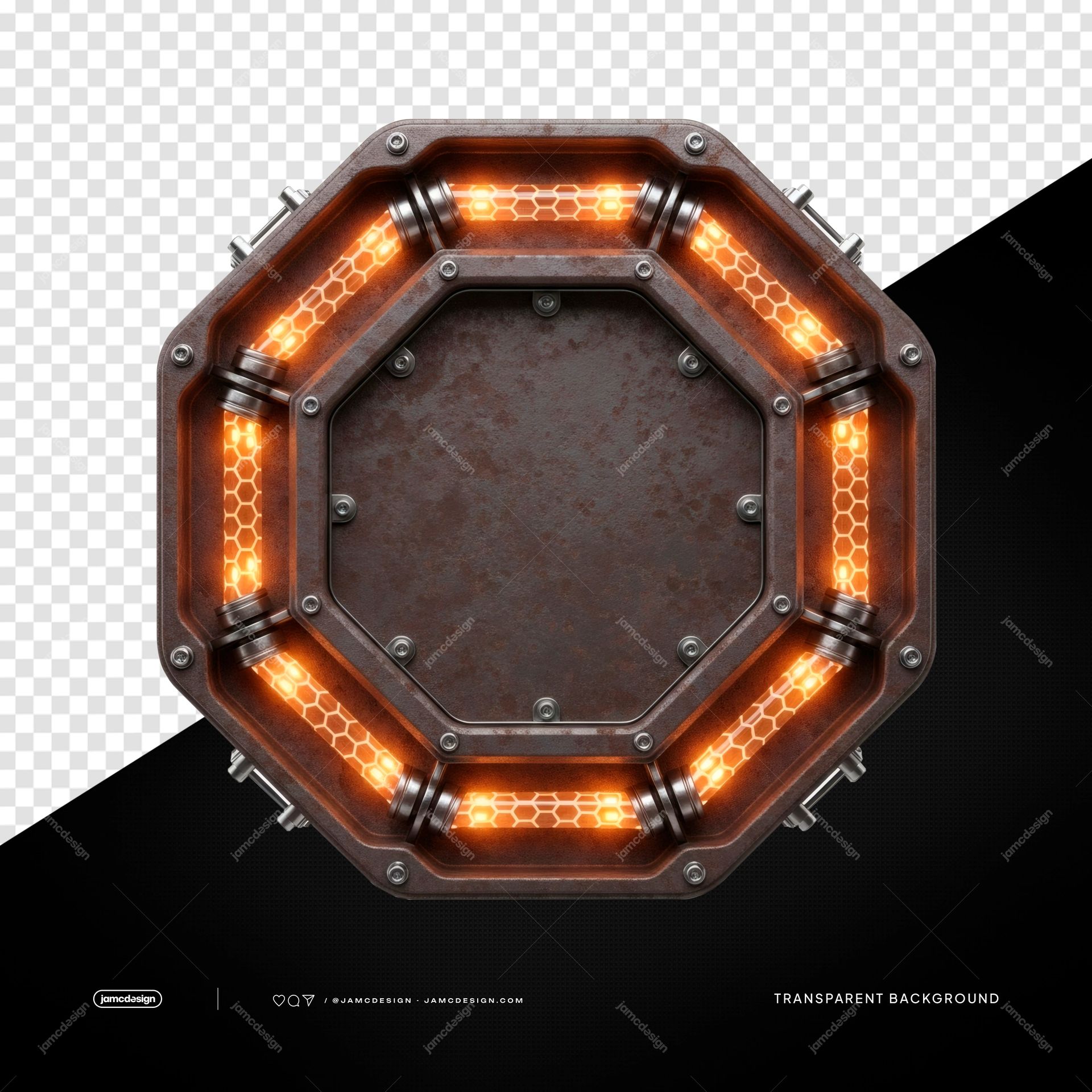 Octagonal Orange LED Glowing Border Frame PNG Transparent. This PNG transparent object shows an octagonal industrial metal frame with orange LED tubes