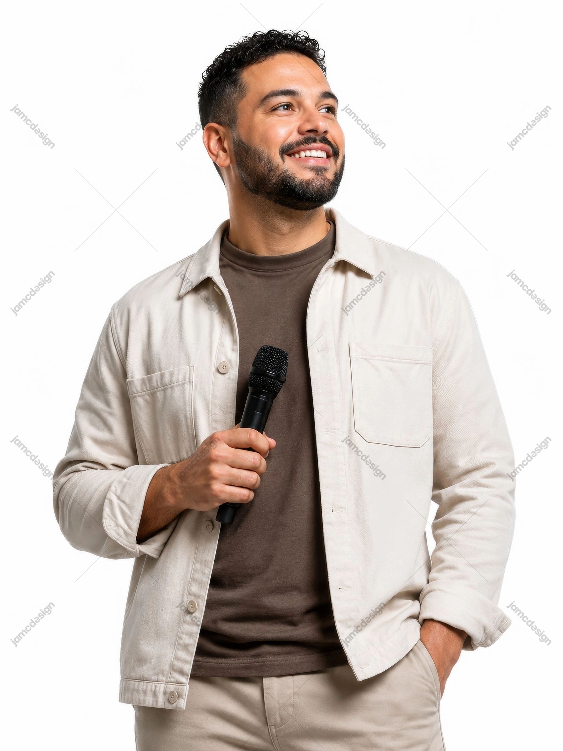 Foto De Retrato De Estudio De Joven Orador De Iglesia Con Micrófono Y Sonrisa JPG. Foto JPG de un joven orador cristiano de iglesia
