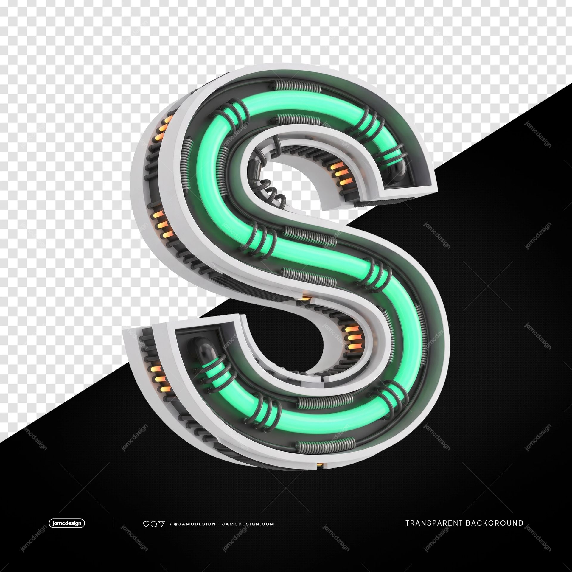 3D Futuristic Industrial Neon Letter S PNG Transparent Background. 3D futuristic industrial neon letter S supplied as a transparent PNG