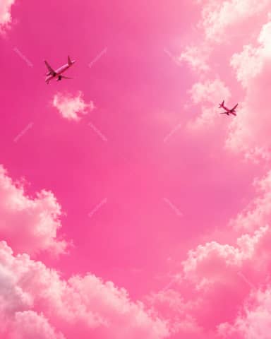 Pink Sky Background With Airplanes And Clouds