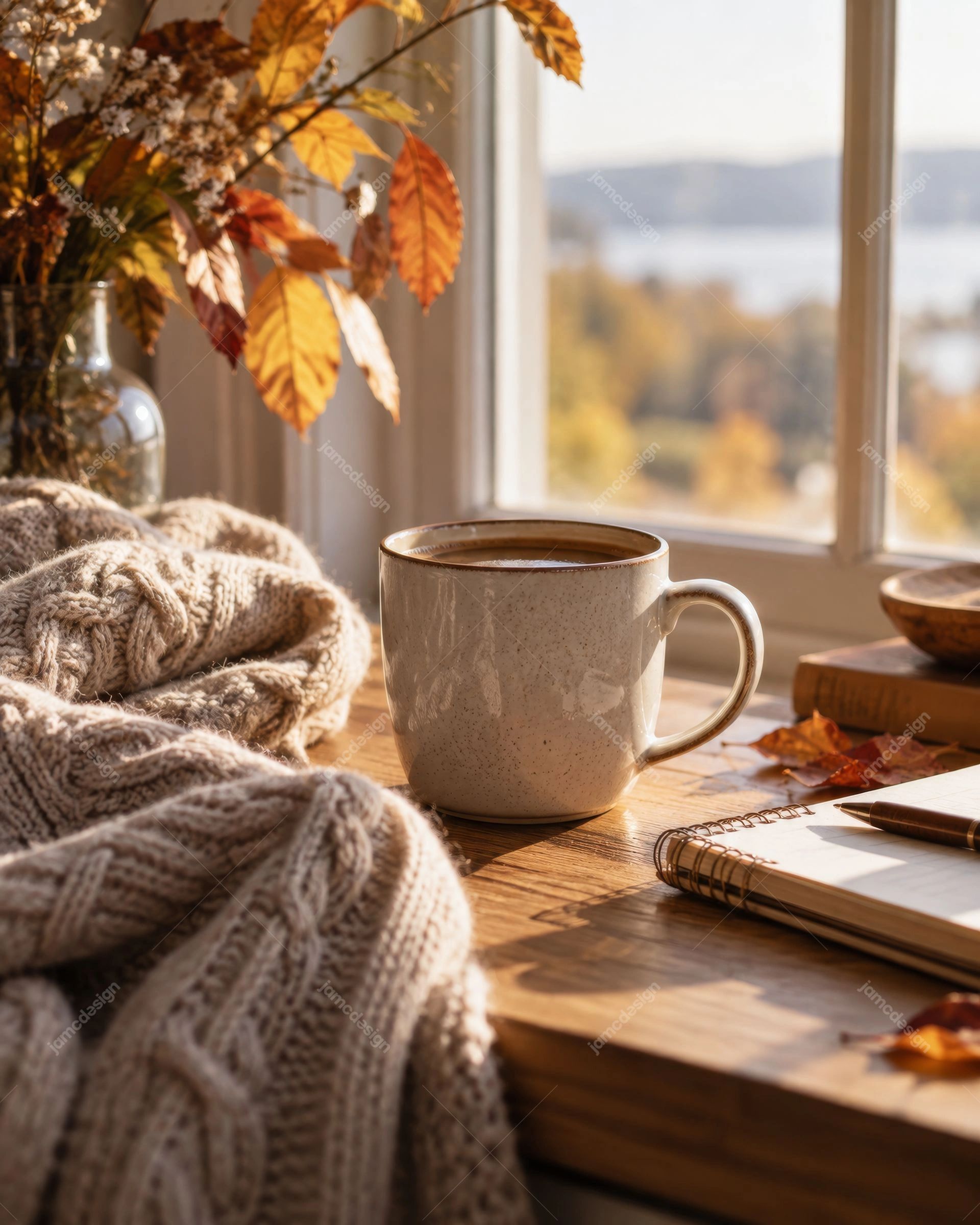 Photo De Café Automnal Cosy Près D’Une Fenêtre Avec Plaid Tricoté. Téléchargez cette photo JPG de style de vie représentant une tasse de café chaud à côté