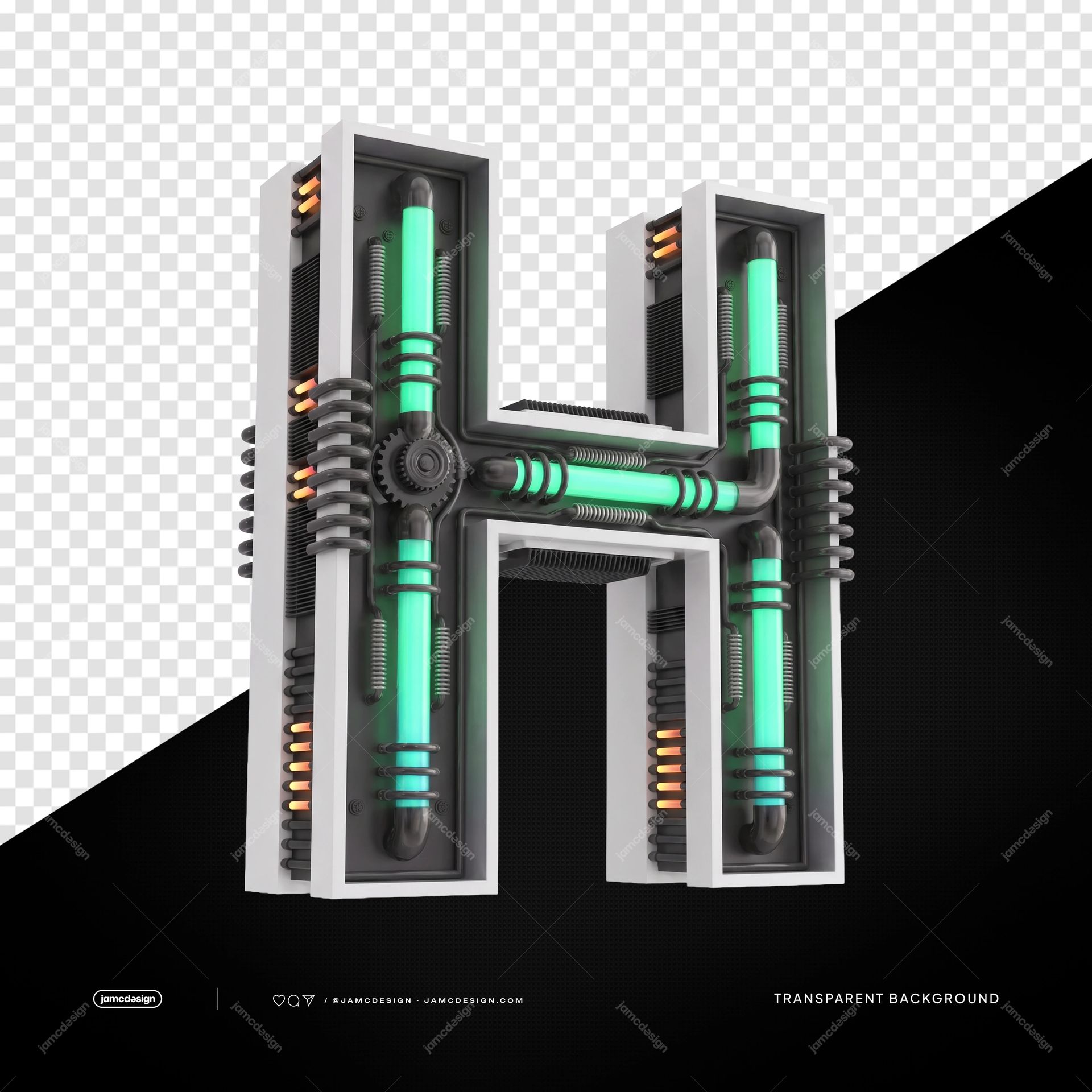 3D Futuristic Industrial Neon Letter H PNG Transparent Background. 3D futuristic industrial letter H supplied as a PNG on a transparent background