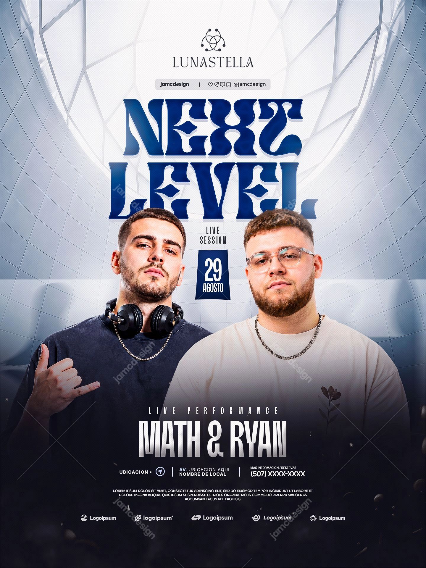Next Level Live Session Blue Live Performers Flyer PSD. Editable PSD template for a live music event flyer featuring two male performers