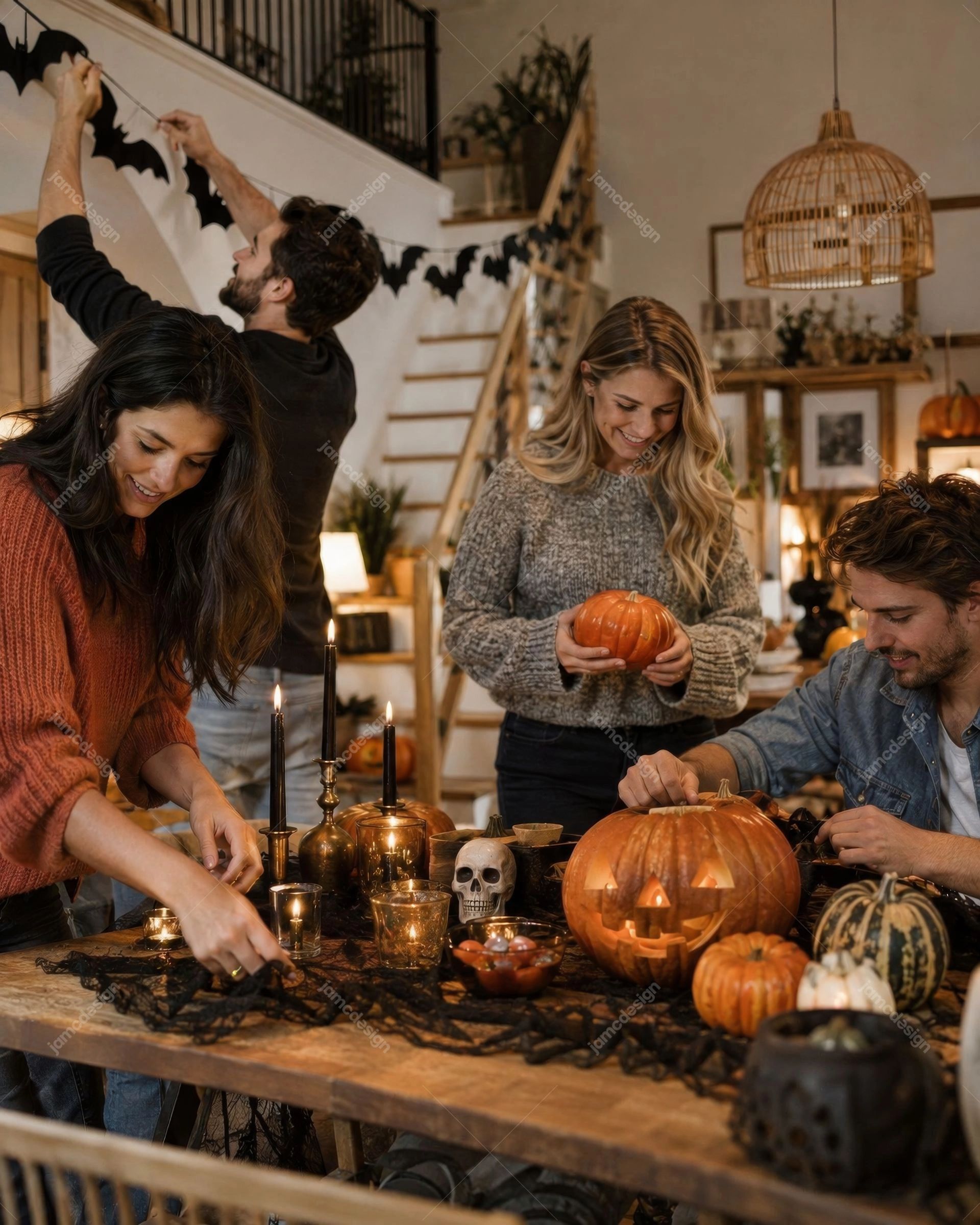 Amis Sculptant Des Citrouilles À La Maison Pour Halloween. Cette photo JPG montre des amis sculptant des citrouilles et décorant une maison chaleureuse