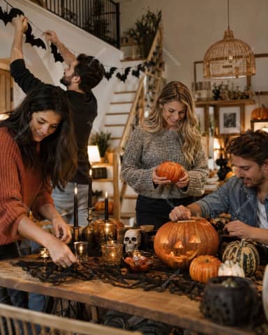 Friends Carving Pumpkins At Home For Halloween