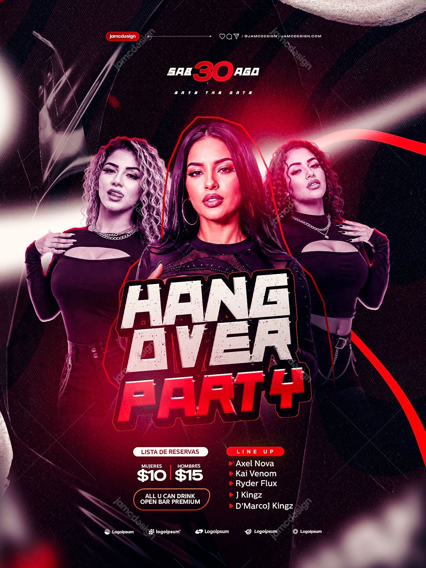 Hangover Party Flyer PSD Template. Editable PSD template for a hangover party event flyer, with three women in dark outfits, bold condensed typography