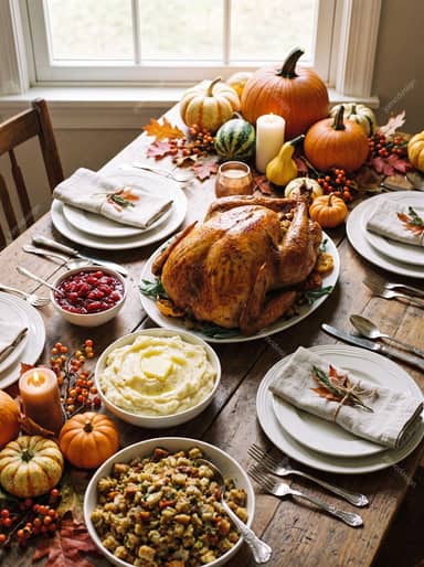 Autumn Thanksgiving Table With Turkey And Pumpkins