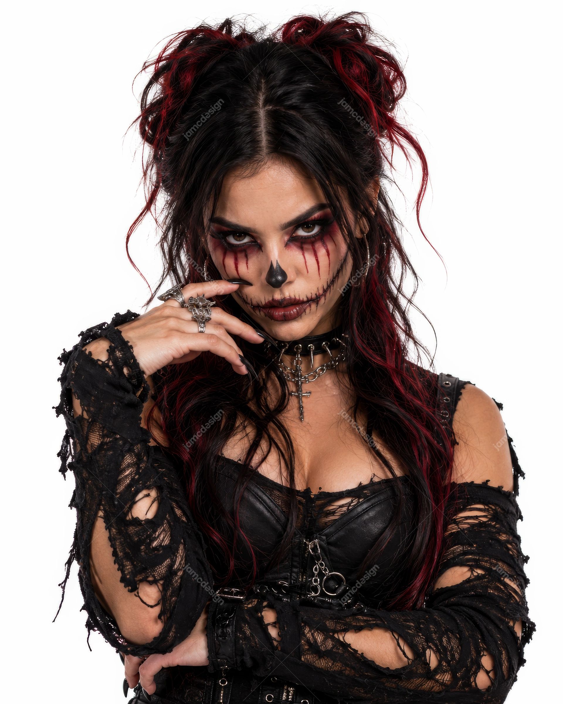 Gothic Woman Portrait With Horror Makeup PNG. This PNG photo shows a woman with theatrical horror makeup, dark hair with red streaks