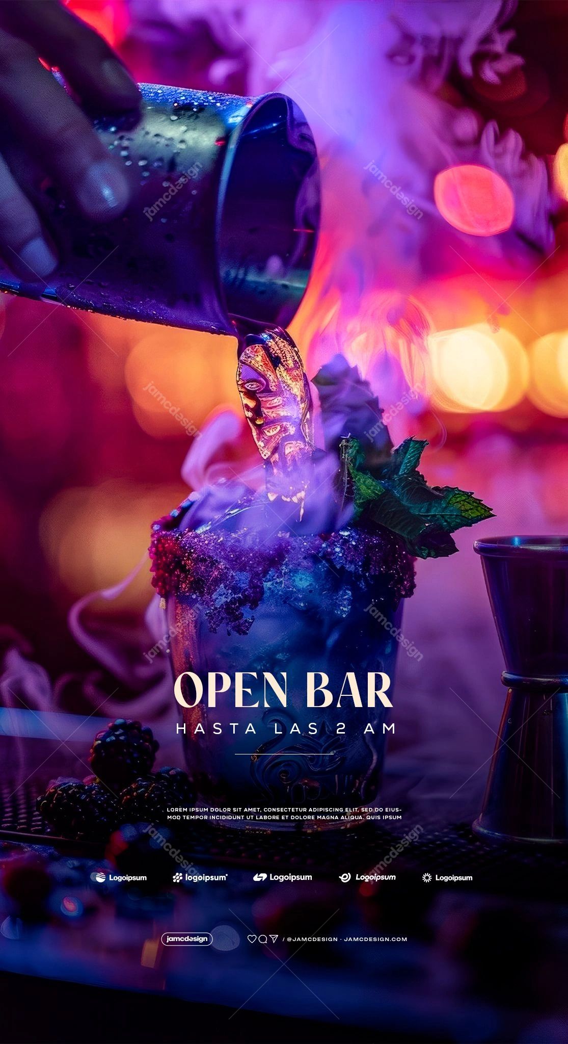 Open Bar Flyer Template PSD Editable. PSD social media flyer template for an open bar promotion, showing a hand pouring liquid into a frosted glass amid