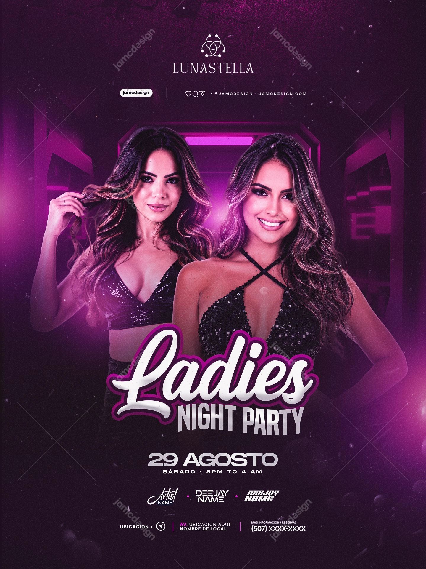 Ladies Night Magenta Woman Portraits Flyer Template PSD. Editable PSD template for a ladies night event flyer