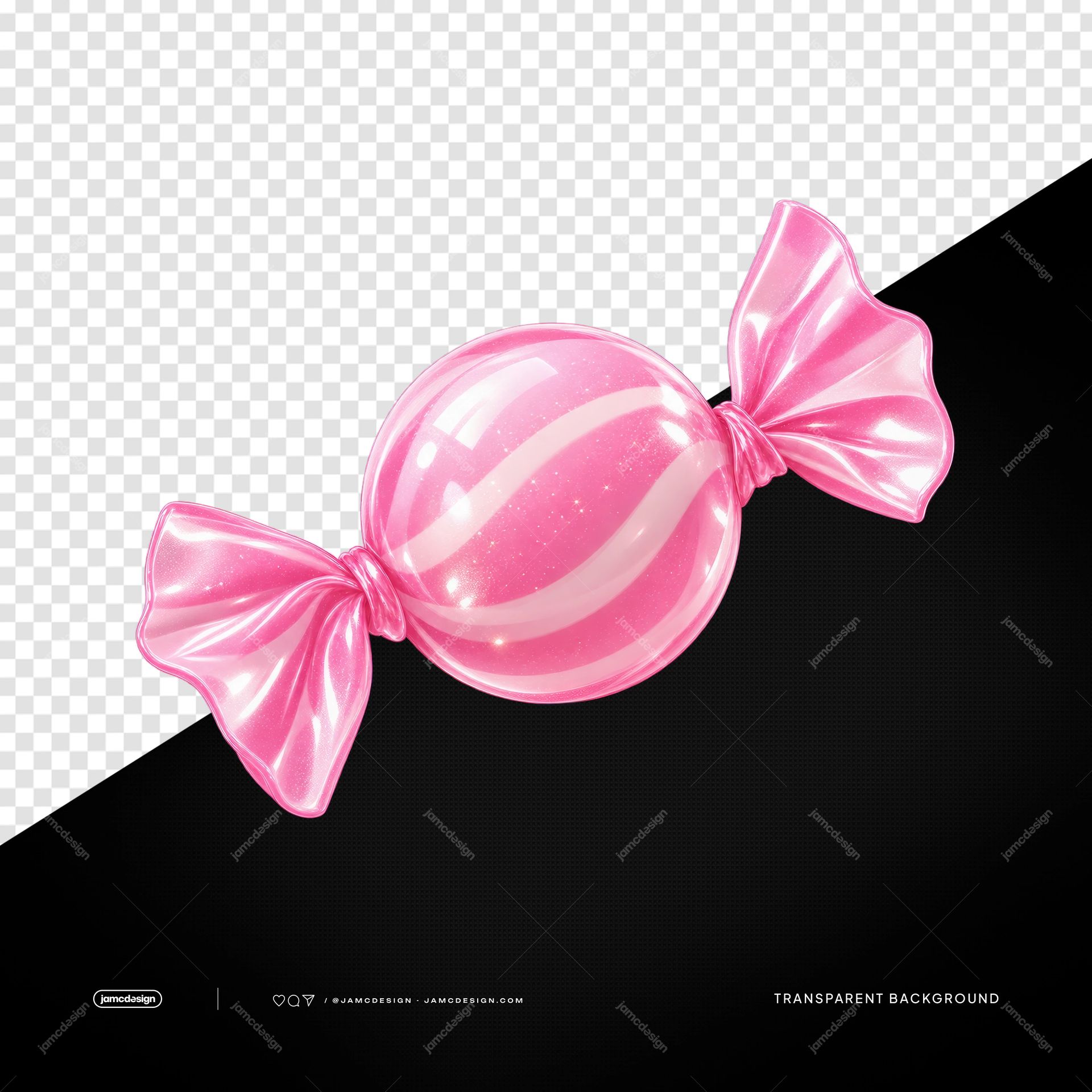 Glossy Pink Candy With White Stripes PNG. This PNG transparent object shows a glossy 3D wrapped candy with pink and white swirls and ruffled ends