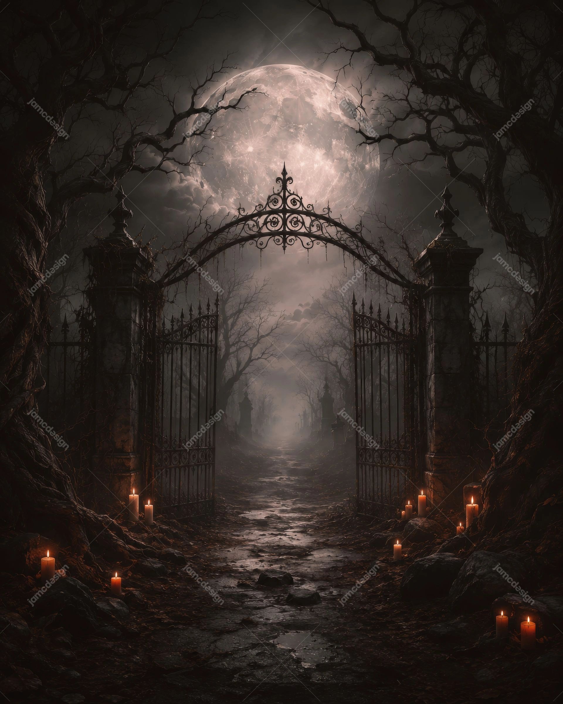 Gothic Cemetery Gate Full Moon Halloween Background. Gothic cemetery gate scene supplied as a JPG background, showing an open iron gate, full moon