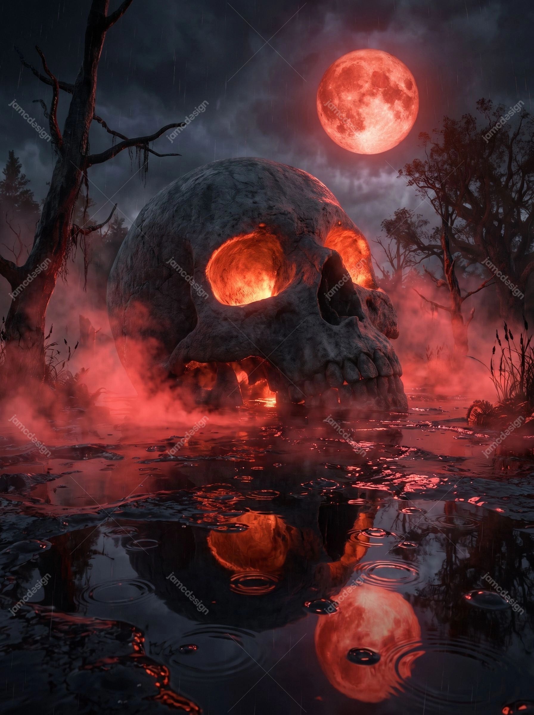 Giant Skull Swamp Halloween Red Moon Background. A JPG background showing a giant skull emerging from a flooded marsh, with glowing eye sockets