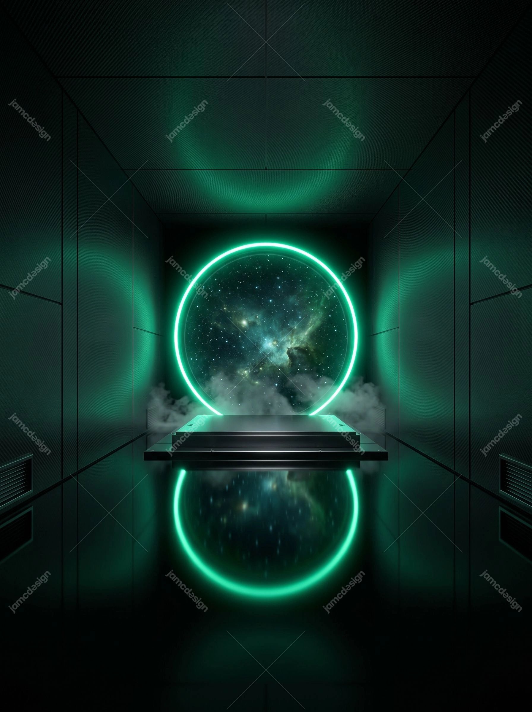 Green Neon Ring Sci-Fi Background. Download this JPG background showing a glowing green neon ring portal in a dark metallic sci fi interior