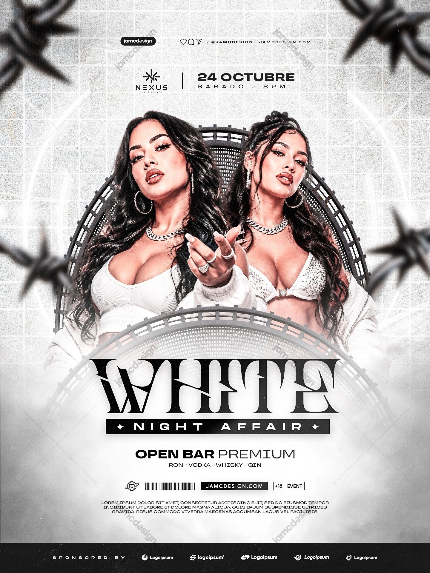 White Night Affair Event Flyer PSD Template. Download this editable PSD event flyer template featuring two fashion styled women in white outfits, jewelry