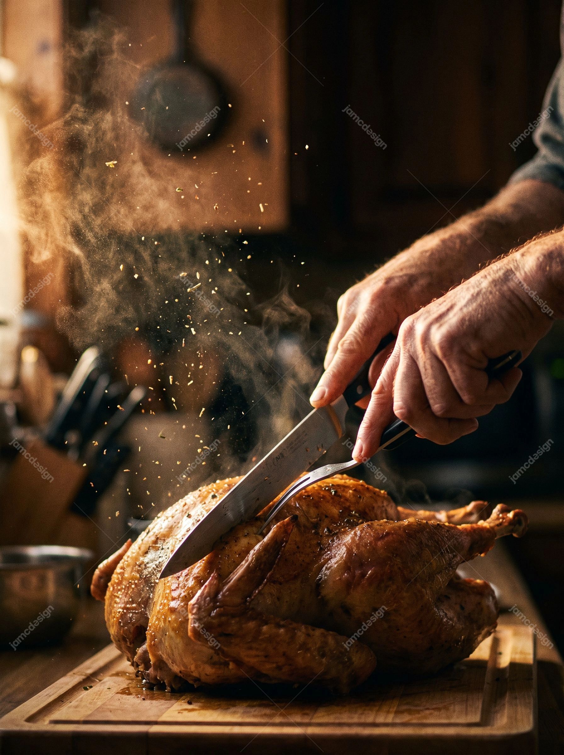 Foto De Un Pavo Asado De Acción De Gracias Sobre Una Tabla De Madera. Descarga esta foto JPG realista de unas manos cortando un pavo asado sobre una tabla