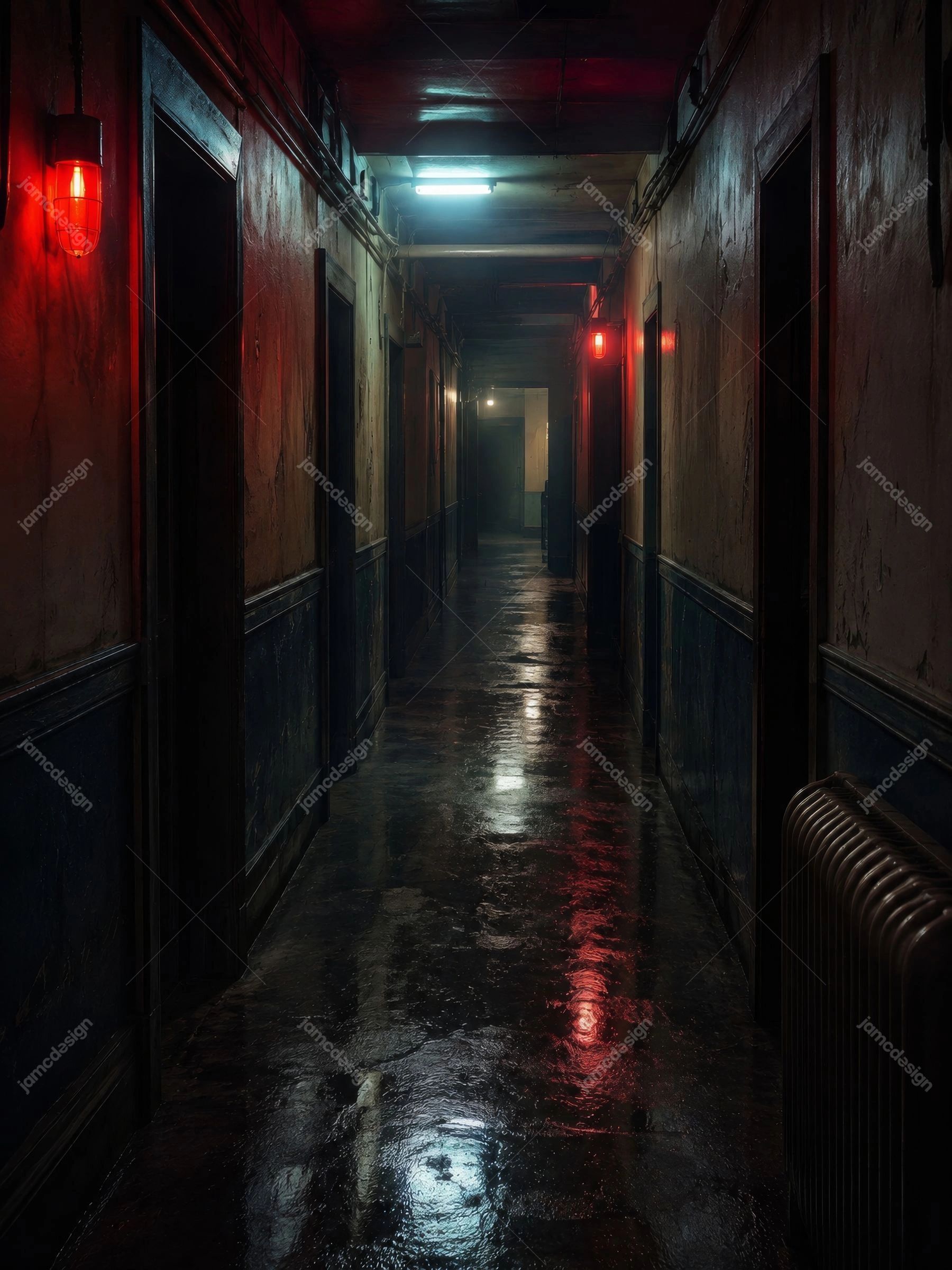 Abandoned Hotel Corridor Red Light Horror Background. JPG background depicting an abandoned hotel corridor with dark wood paneling, red wall lights