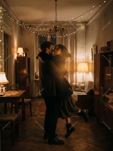 Couple Dancing Beneath String Lights At New Year's Celebration