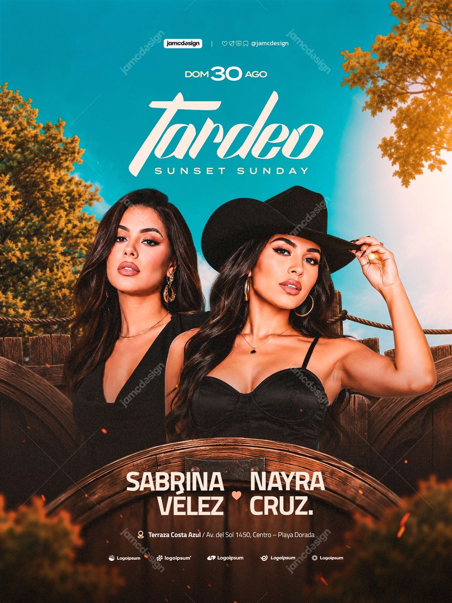 Tardeo Sunset Sunday Golden Woman Portrait Flyer PSD. Editable PSD event flyer for a sunset Sunday party