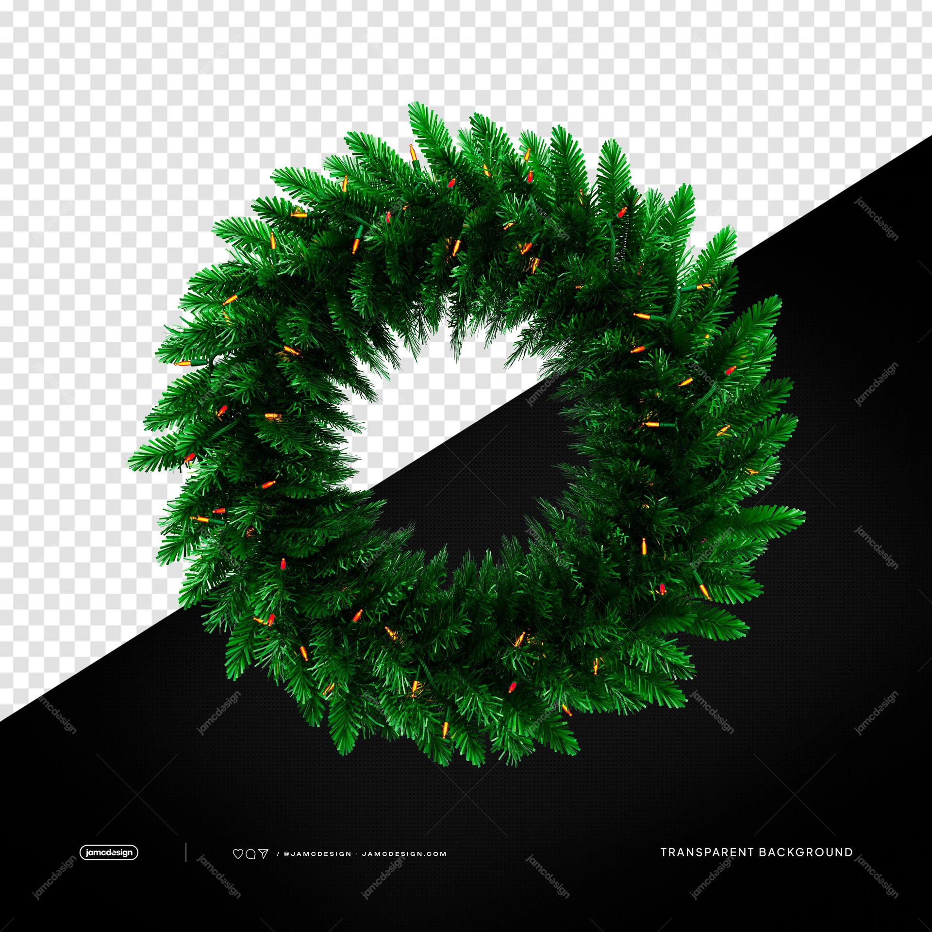 Corona Navideña De Pino Verde Con Luces PNG. Este objeto PNG transparente muestra una corona circular de pino verde salpicada de pequeñas luces de colores