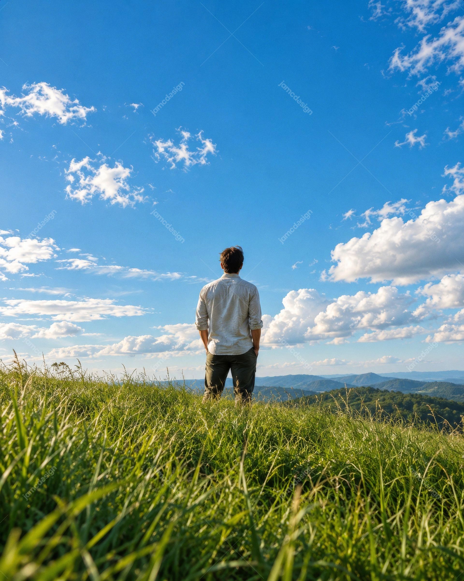 Man Standing In Grassy Meadow Under Blue Sky. This realistic JPG photo shows a man standing in a grassy meadow beneath a bright blue sky
