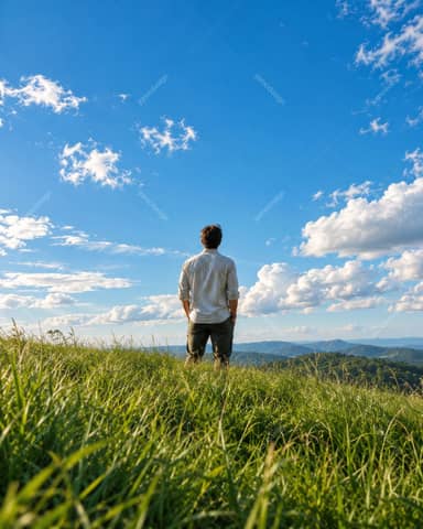 Man Standing In Grassy Meadow Under Blue Sky