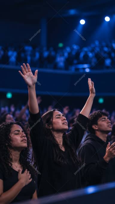 Woman Worshiping With Raised Hands In A Congregation Photo