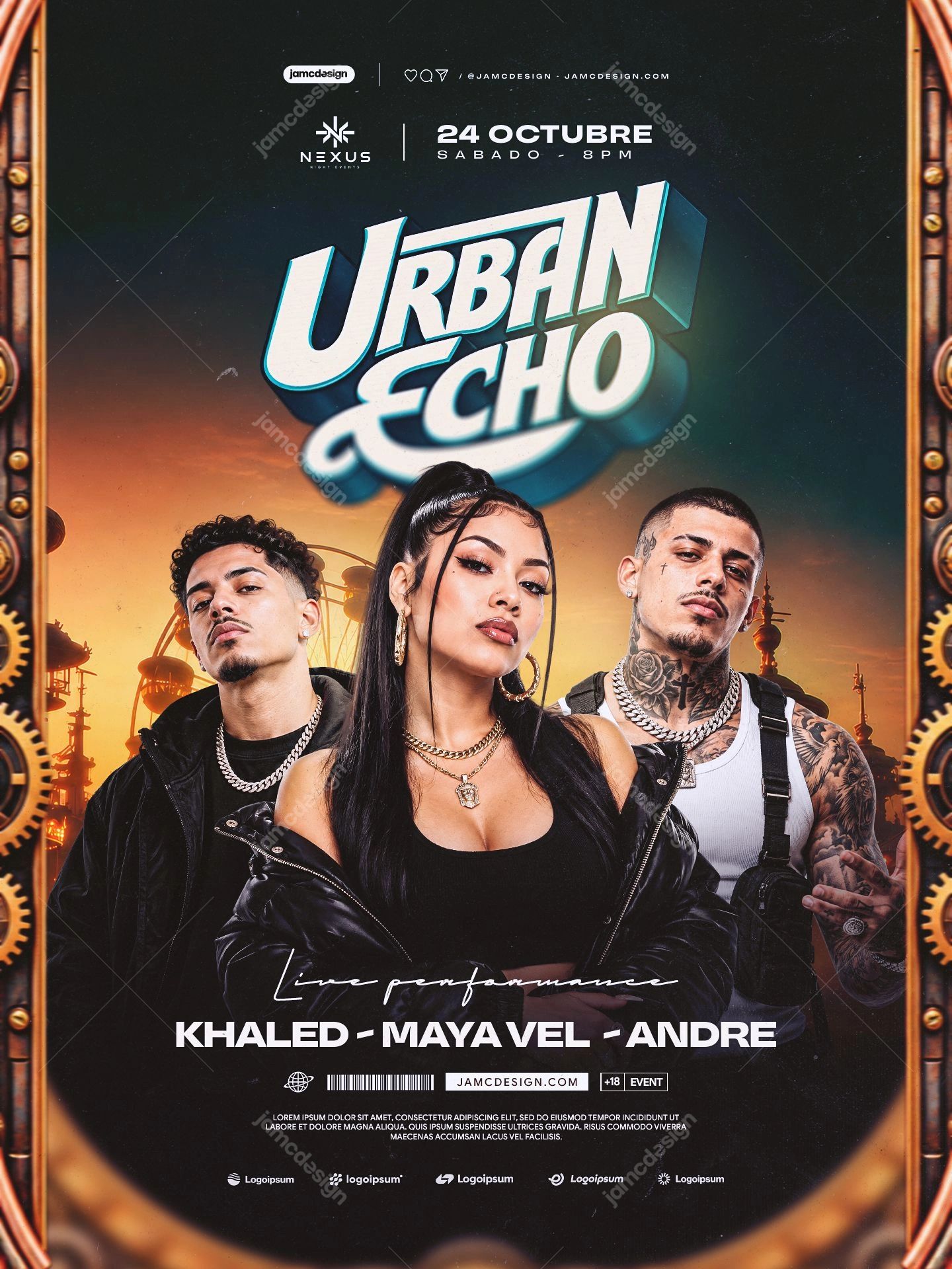 Urban Echo Nightlife Event Flyer PSD. Download this editable PSD event flyer with three fashion styled figures, bold dimensional lettering