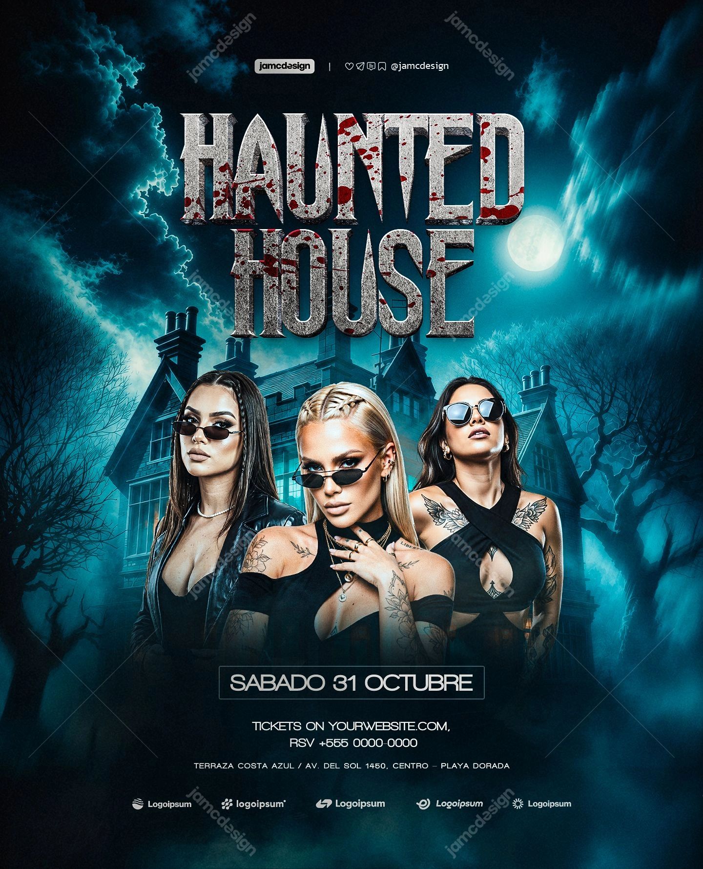 Haunted House Halloween Blue Moon Women Flyer PSD. Editable PSD template for a Halloween event flyer featuring three women in sunglasses before a shadowy