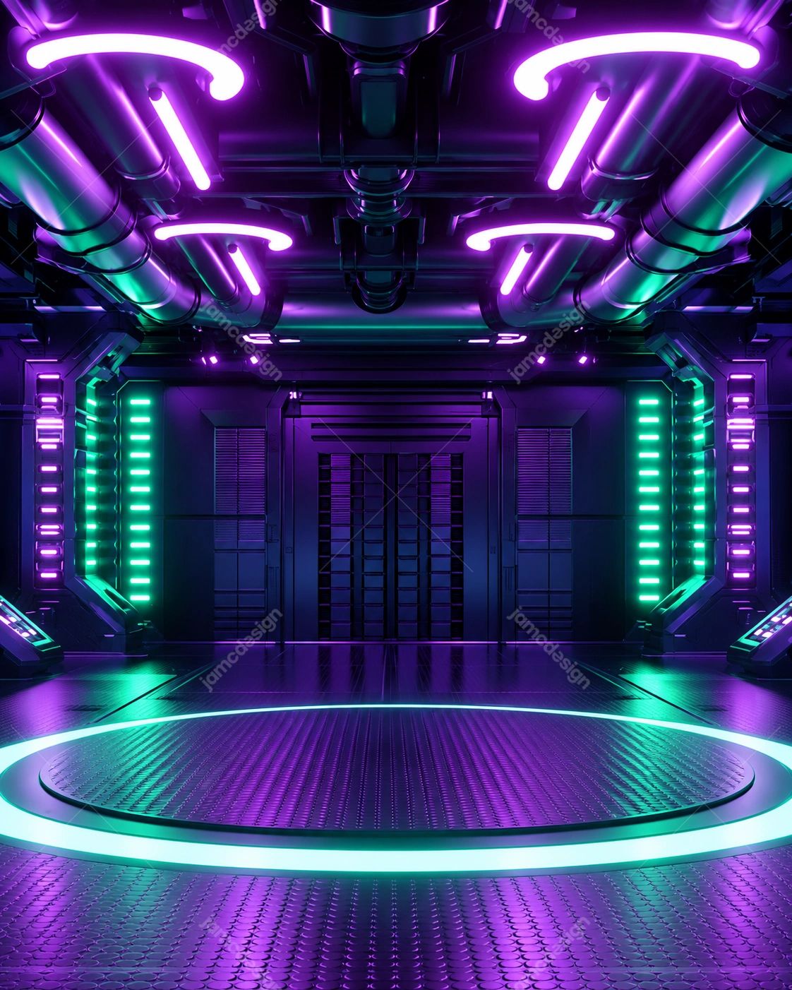 Futuristic Neon Chamber Background. Download this PNG background of a futuristic sci-fi room, with a circular floor platform