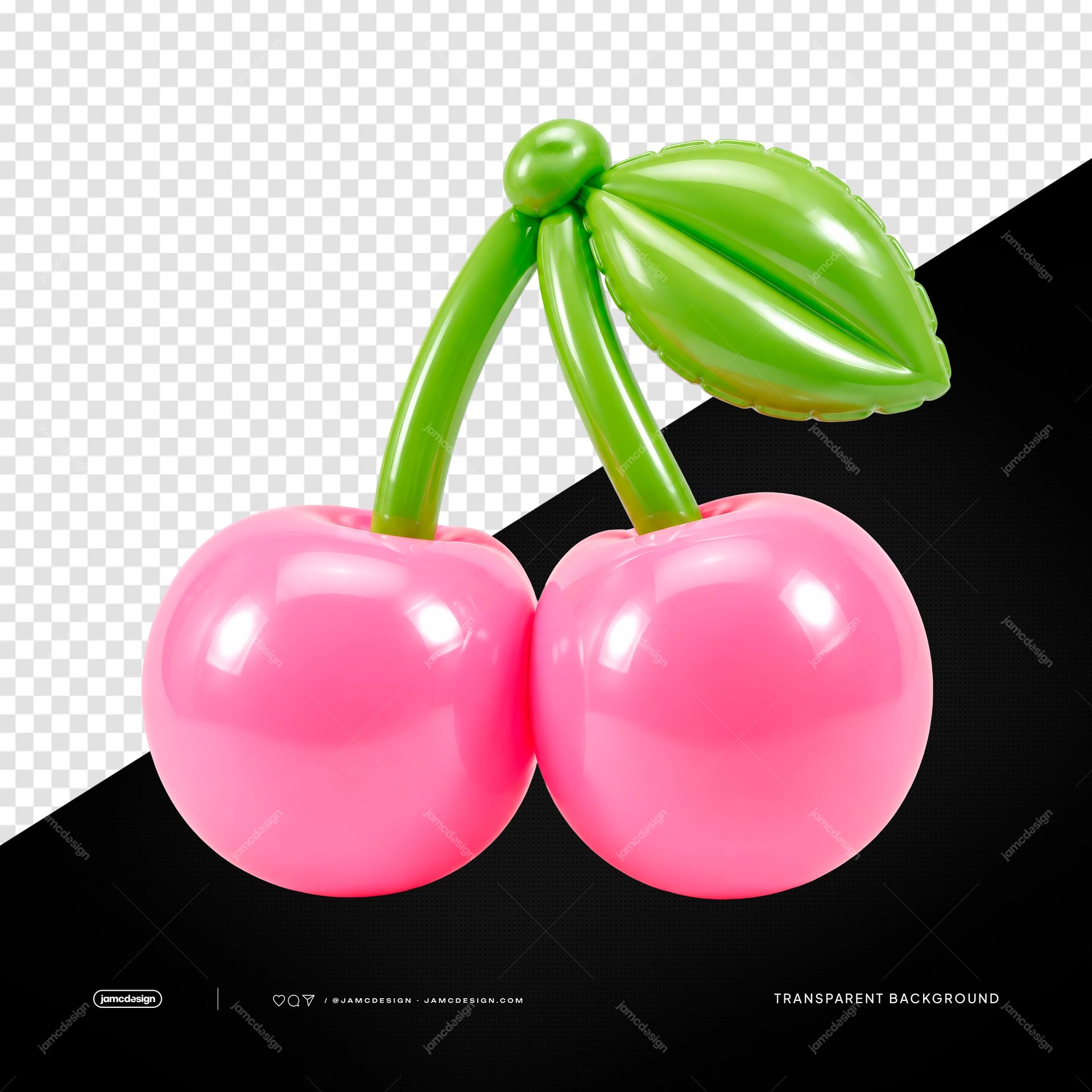Colorful Balloon Ice Cream Sculpture Isolated. PNG transparent object featuring a glossy balloon sculpture shaped like two pink cherries with green stems