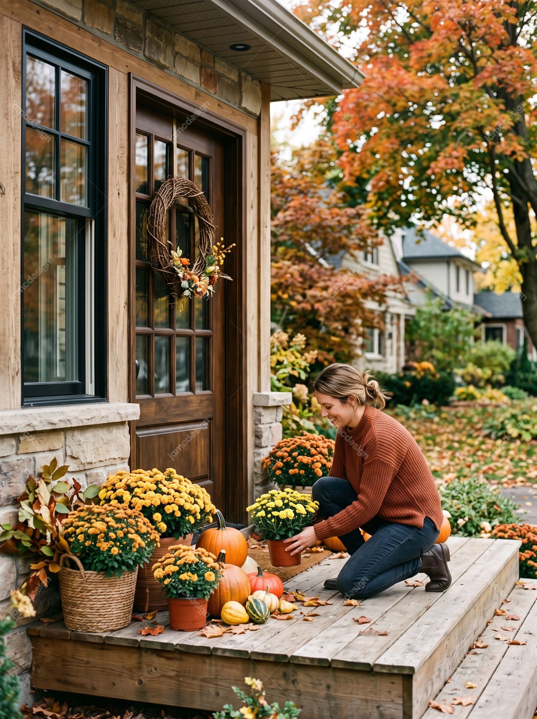 Woman Decorating Front Porch For Autumn. This realistic JPG photo shows a woman arranging pumpkins and potted flowers on a wooden front porch amid autumn