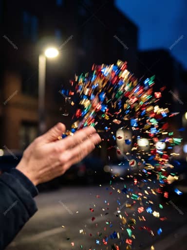 Hand Tossing Colorful Confetti At Night