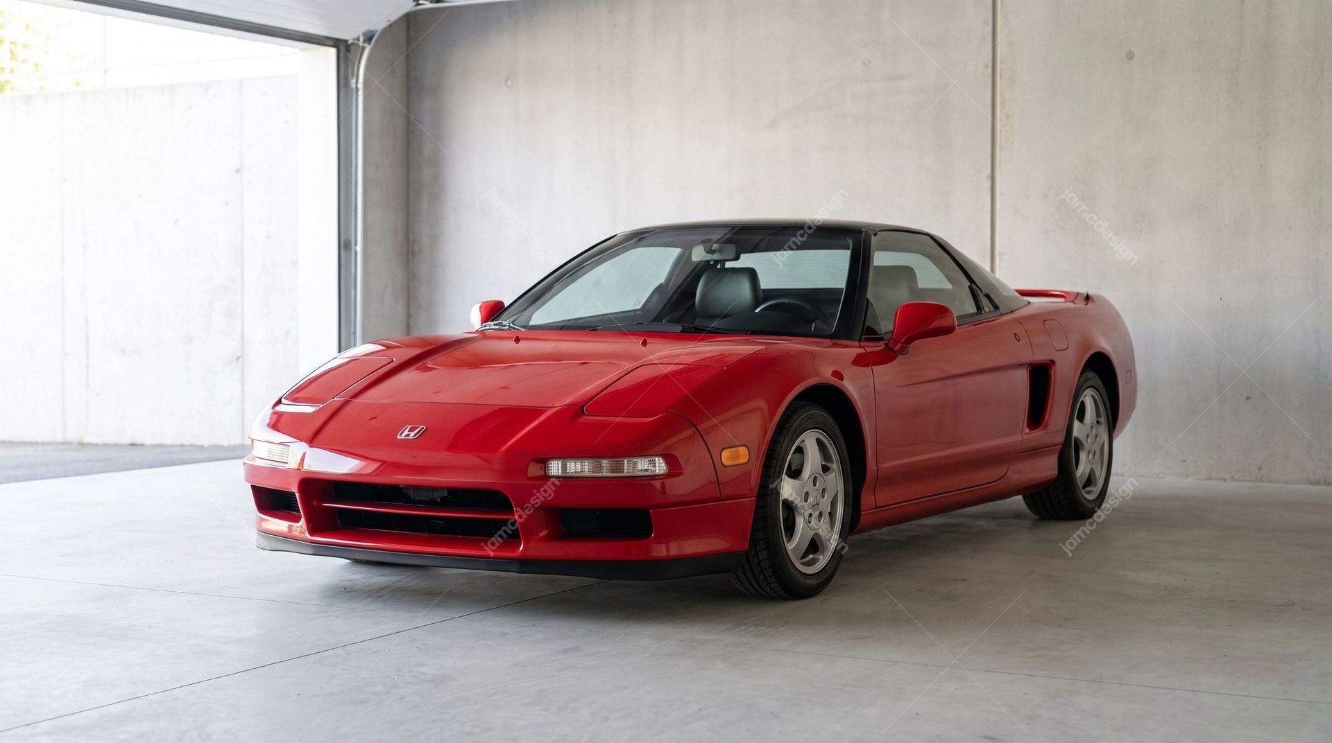 Red Honda NSX In A Bright Garage. A JPG photo captures a red sports car parked in a bright concrete garage