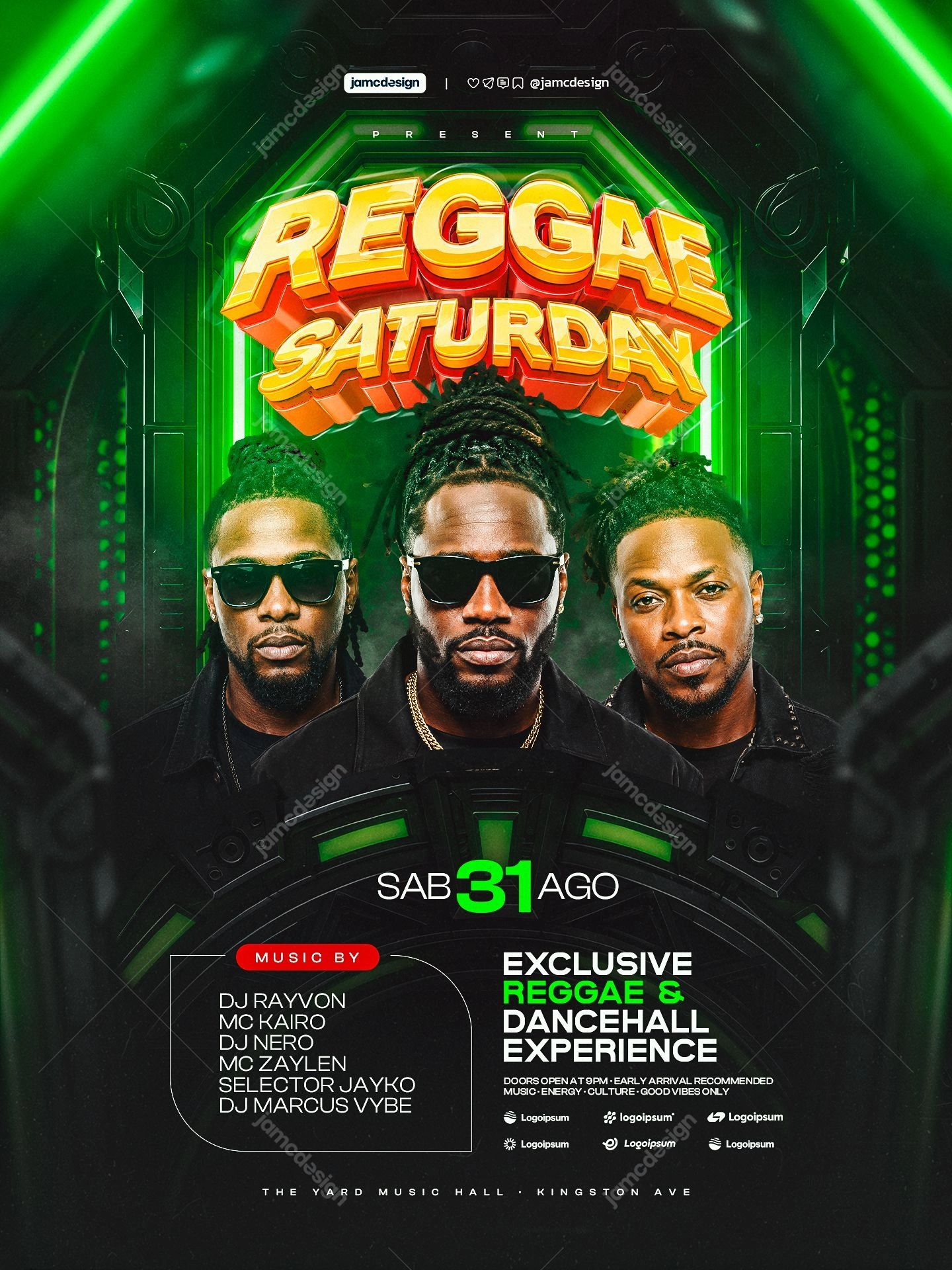 Plantilla De Flyer Reggae De Sábado Con Hombres Y Neón Verde PSD. Flyer de evento en PSD editable para una fiesta de sábado por la noche de reggae